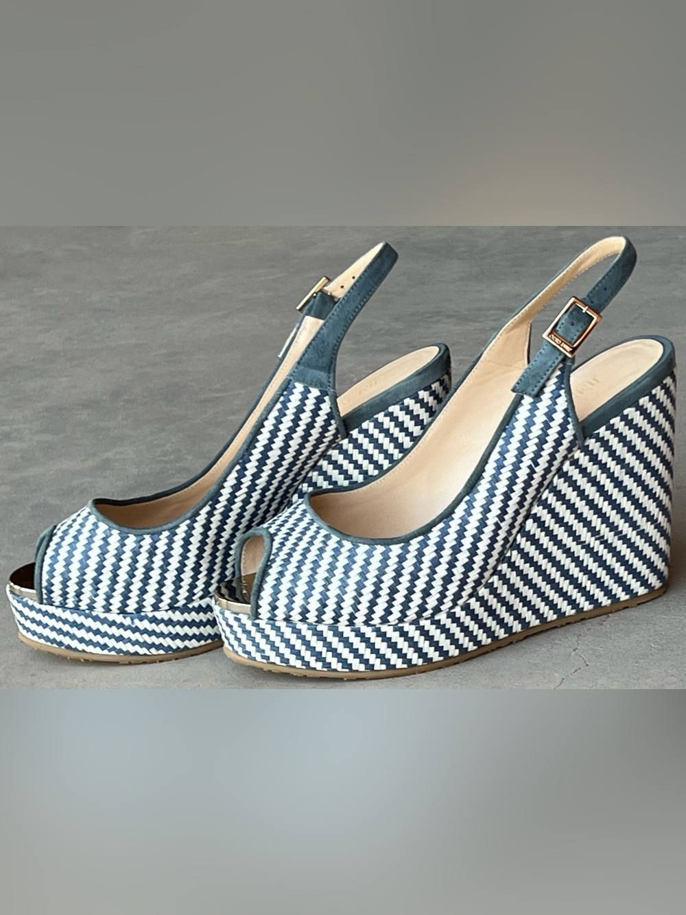 Jimmy Choo Prova Navy Blue White Chevron Woven Wedge Slingback Sandals EU 38 NEW